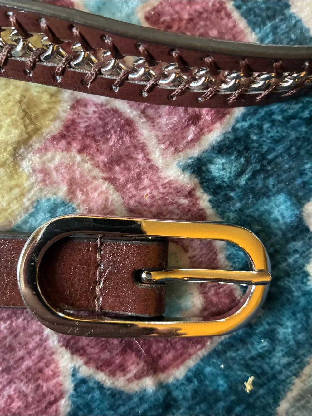 Nine West Y2K Brown Braided/Chain Leather Belt Silver Buckle